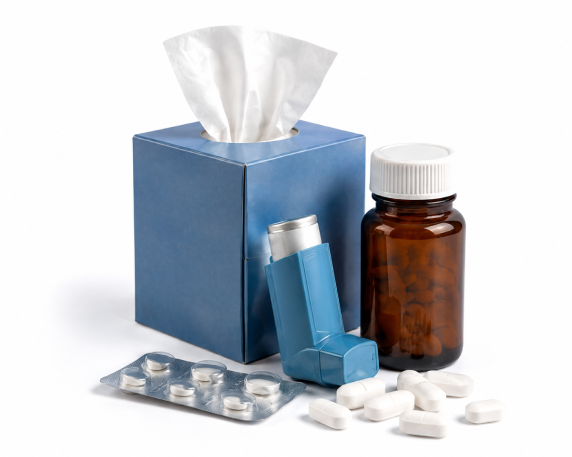 Product composition of a tissue box, inhaler, pills, and prescription bottle